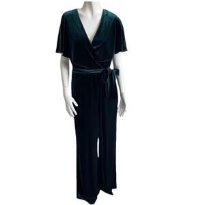 Alex Marie Forest Green Velvet Wide Leg Belted Cocktail Party Jumpsuit Size 8